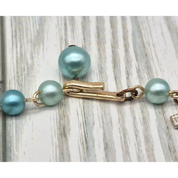 Vintage Aqua Blue Multistrand Collar Necklace Japan Signed Hook Clasp Crystals - Picture 8 of 9